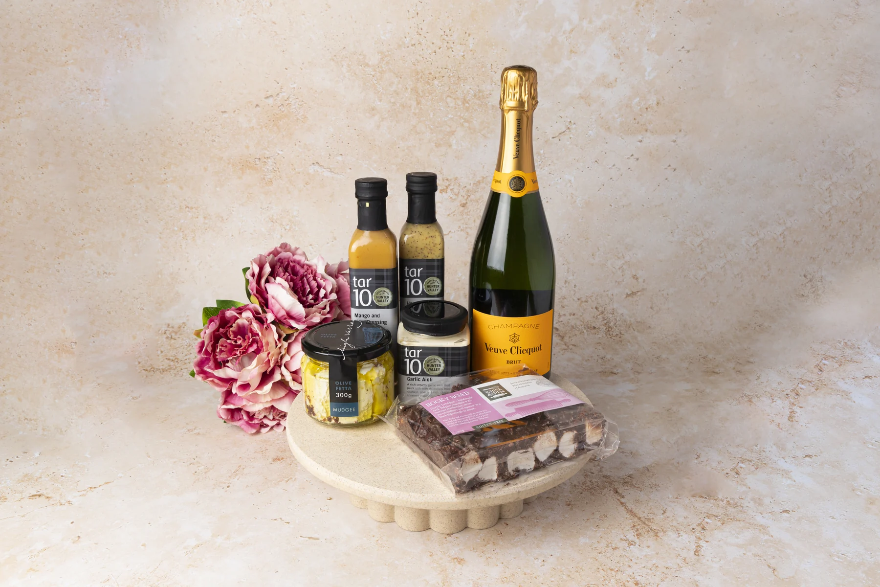 Christmas hamper with gourmet food and sparkling wine