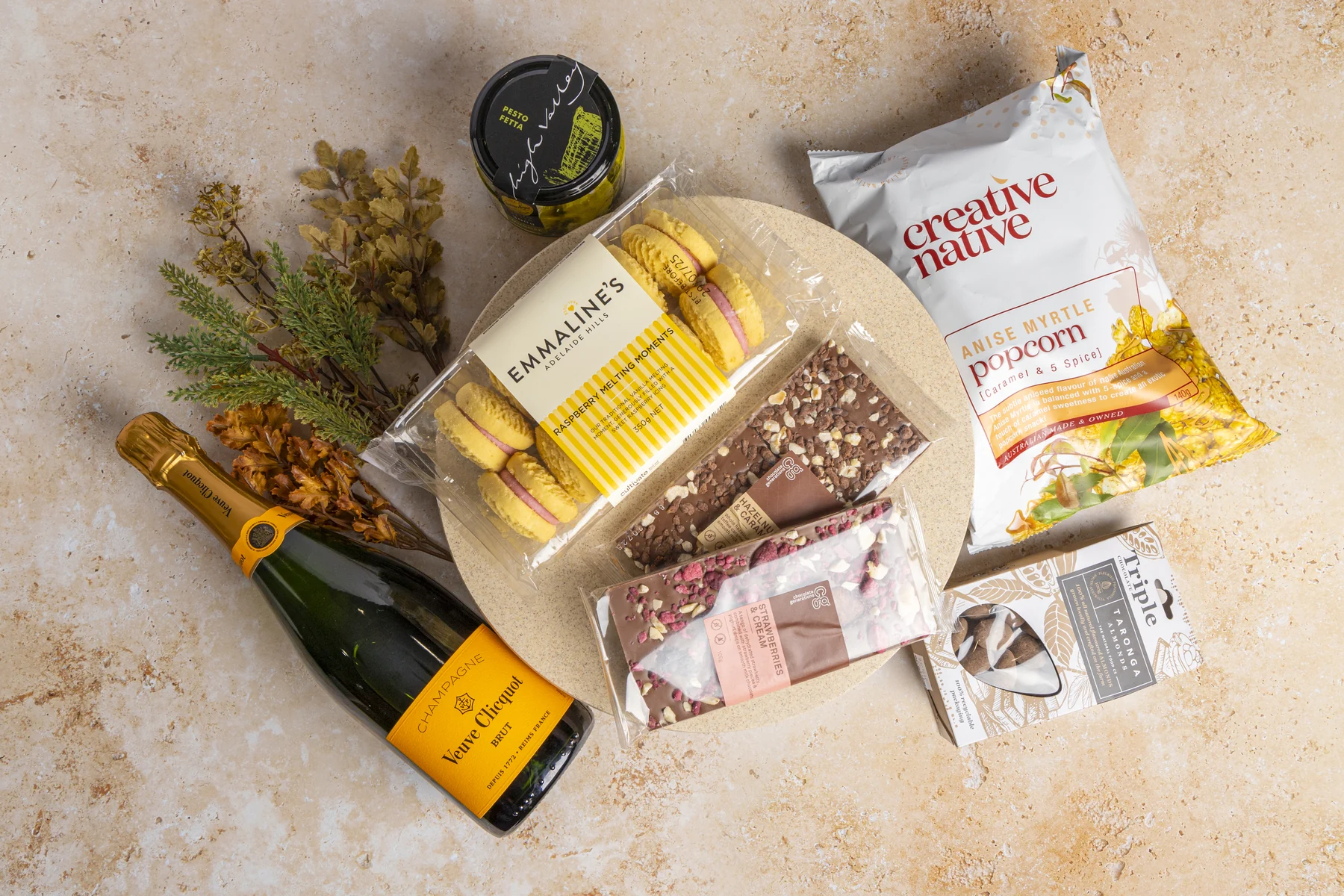 Overhead view of premium Christmas hamper ingredients